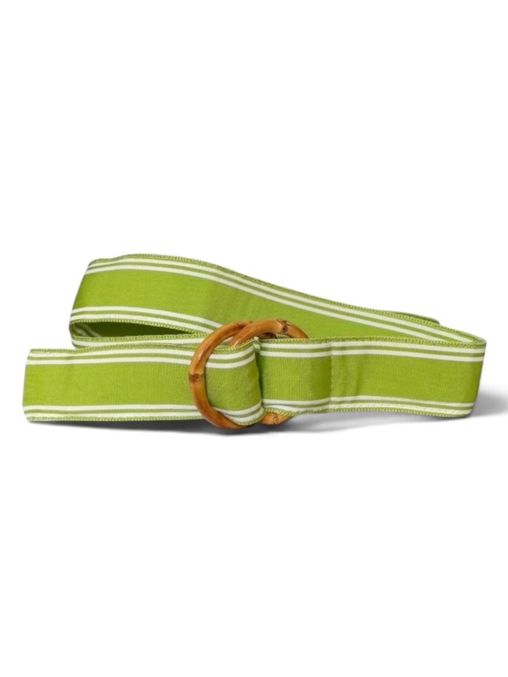 Lime Green and White Grosgrain Ribbon Belt with Bamboo O Ring Buckle